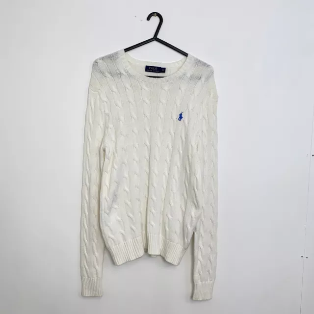 Polo Ralph Lauren Cable-Knit Jumper Mens Size XS White Crewneck Sweater Logo.