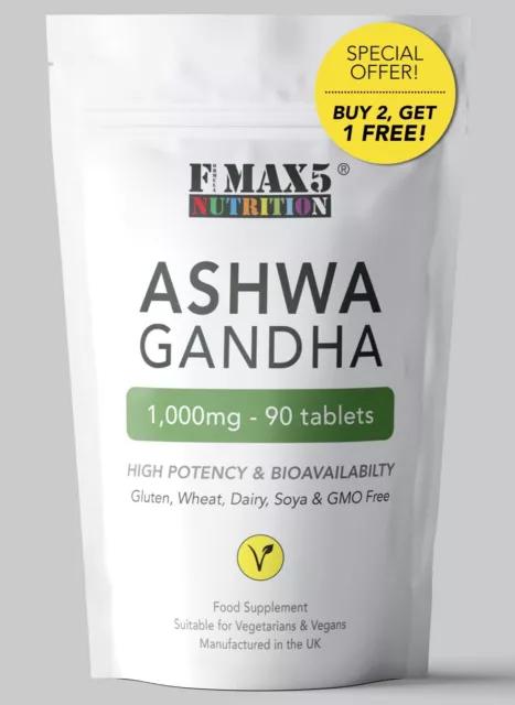 Ashwagandha Root Extract 1000mg x 90 Tablets KSM66 Vegan Stress Supplement