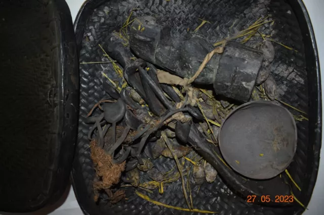 AUTHENTIC IFUGAO SHAMAN BOX, spoon, cup, bulul, rattle, betelnuts 12" 1900S