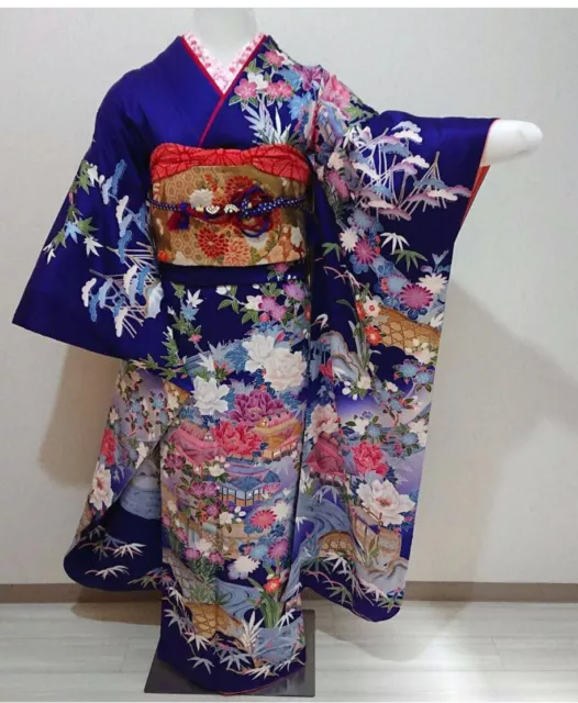 Vintage Japanese Wedding Kimono Silk flower Blue Pink Robe  KimonoDress Furisode