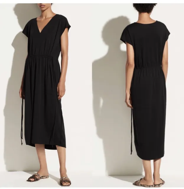 VINCE Black Pima Cotton Popover Midi V Neck Cinch Waist Dress - Size Large