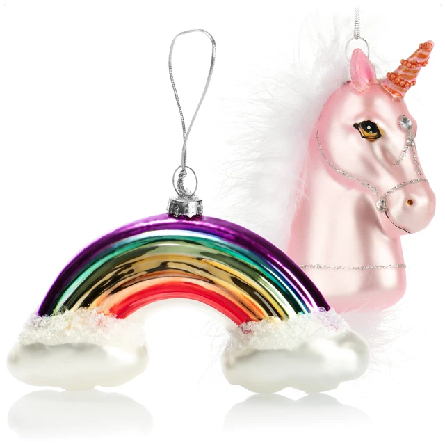 2x Hochwertiger Christbaumschmuck - Einhorn und Regenbogen aus echtem Glas