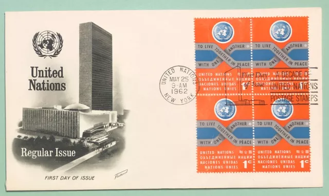 Scott UN 104 Definitive 1c Block of 4 United Nations FDC 1962 Fleetwood Cover