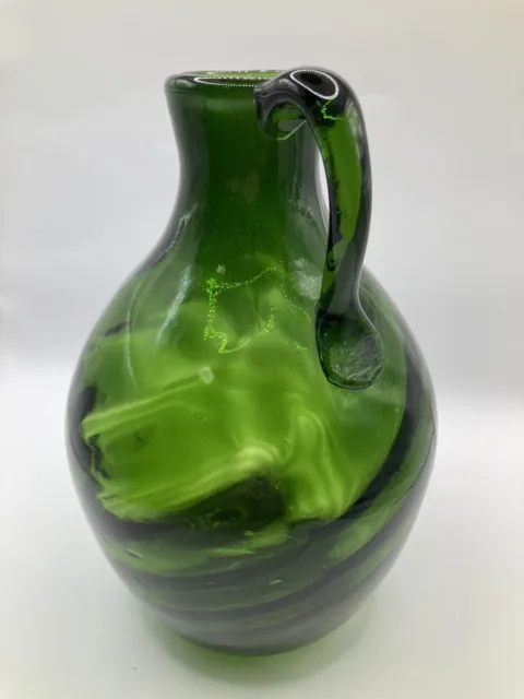 VTG Hand Blown Deep Green Art Glass Swirl Pitcher Jug 8 1/4” St Pete Studio Art