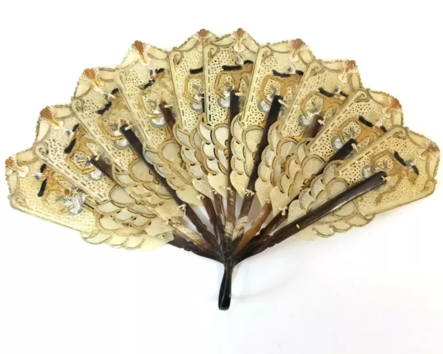 1950's Old Indonesian Wayang Kulit Pierced Hide Leather Bone Folding Hand Fan
