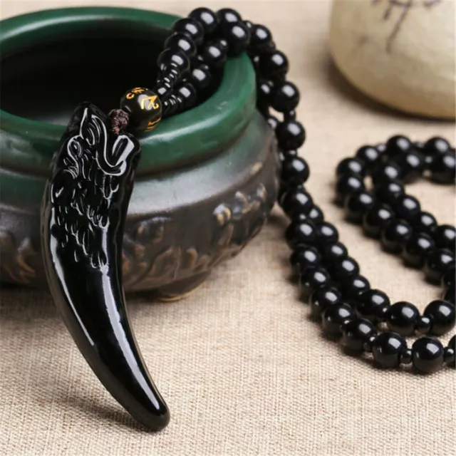 Men's Fashion Stone Black And Ice Obsidian Pendant Wolf Tooth Necklace Amulets