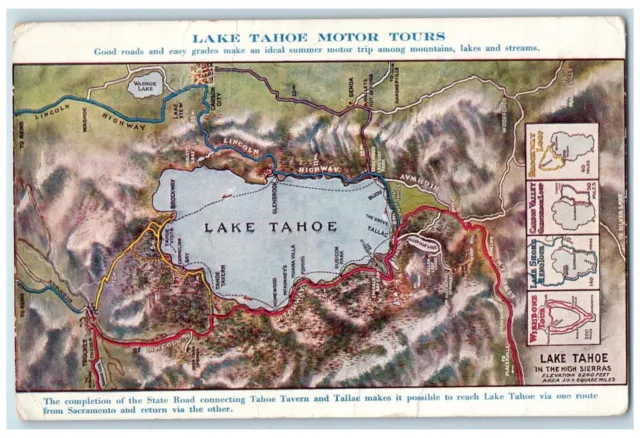 c1910 Lake Tahoe Motor Tours High Sierras Map Los Angeles California CA Postcard