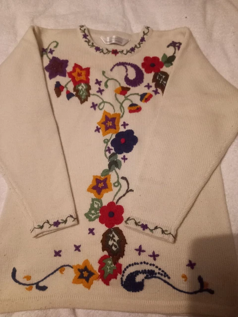 Maglione donna lana ricamata floreale spesso taglia 8 crema multicolore San Michele