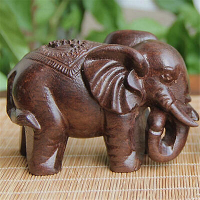 Retro Handmade Wooden Carved Elephant Lucky Statue Home Craft Ornament  Decor