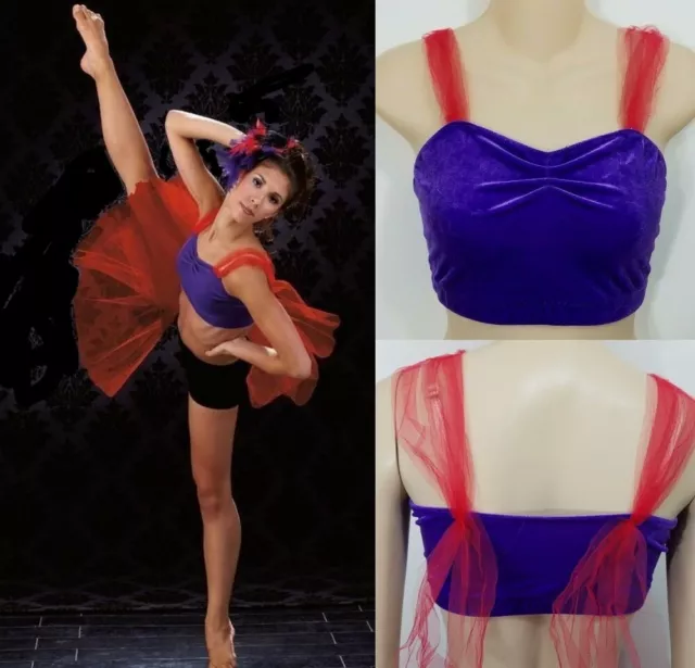Mystere Crop Top ONLY Child X-Large New Dance Costume Purple Velvet w/Red Tulle