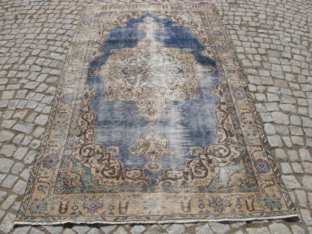 Turkish Muted Blue Rug,Vintage Traditional Hand Knotted Oriental Wool Carpet 5x8