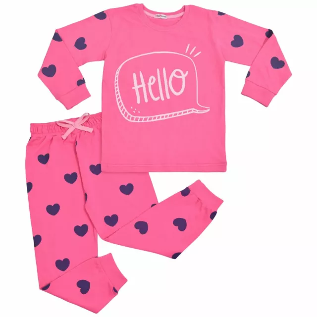 Kids Girls Hello Pyjamas Children Pink PJs 2 Piece Cotton Set Lounge Suit
