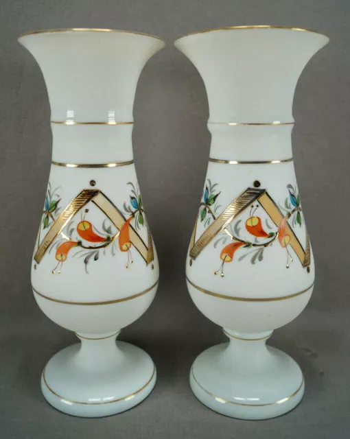 Pair of Bohemian Hand Enameled Orange Floral & Gold White Glass Vases C.1880-90s