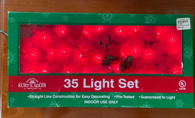 NIB Kurt Adler Red Poinsettia Christmas Light String Set of 35