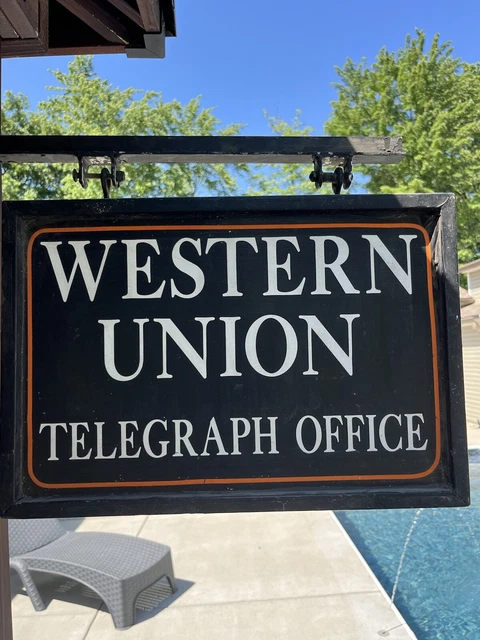 Fantastic Original WESTERN UNION 2 Sided Wall Wood Flange Sign Advertising