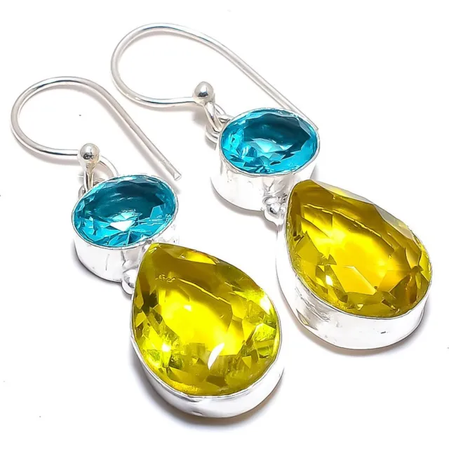 Lemon Topaz, Blue Topaz Gemstone 925 Sterling Silver Jewelry Earring 1.9"