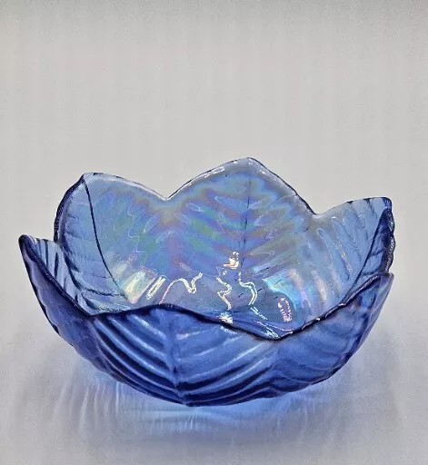 Vintage Blue Glass  Iridescent Bowl Very Detailed, 2"x5"x5"