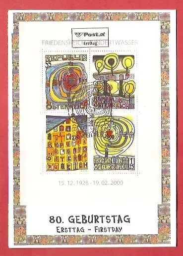 FDC Block 80. Geburtstag Friedensreich Hundertwasser ETSSt 1220 Wien 18.09.2008