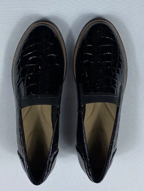 Women's Clarks Everyday Loafers Timeless Black Patent Leather Croc Reptile Print