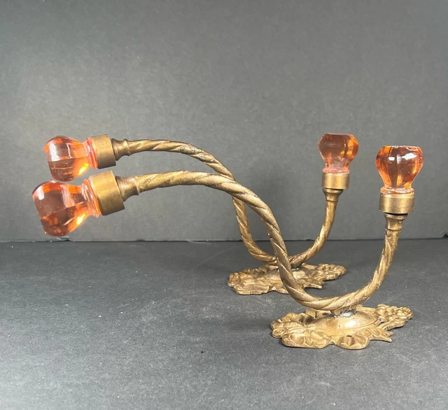 Vintage Brass Double Wall Hook with Orange Lucite Knobs - 8in