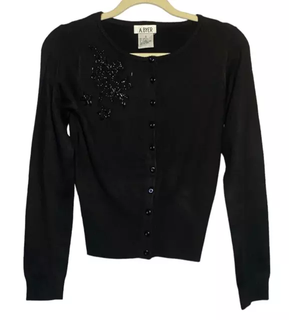 A. Byer Sweater Women's Small Black Long Sleeve Embellished Swiftie Cardigan NEW