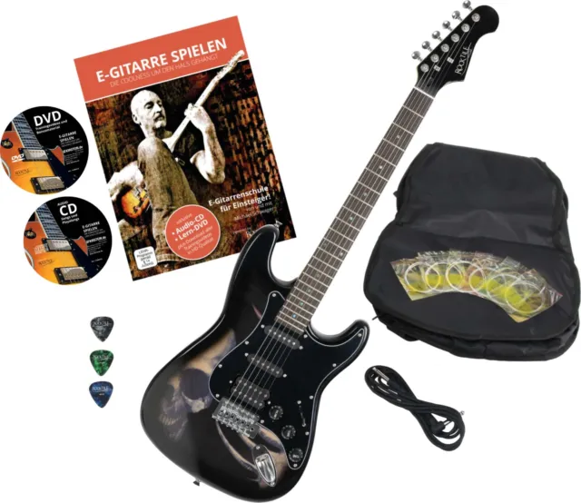 E-Gitarre Elektrische Gitarre Skull Zubehör Gigbag Tasche Plektren CD DVD Set
