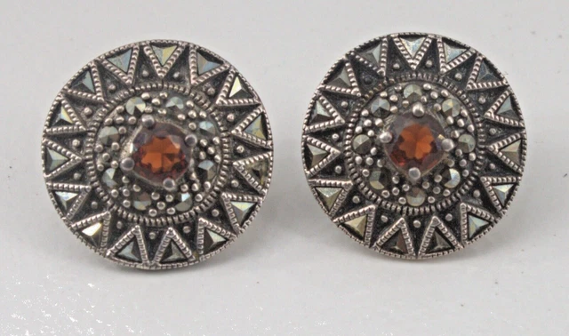 Sterlingsilber Ohrringe Rund Nieten Granat Marcasit Halo signiert A 3/4
