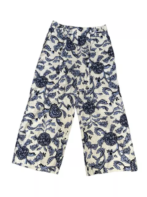 JOIE WIDE LEG Crop Floral Pants Women’s 8 Pockets Linen Blend Blue ...