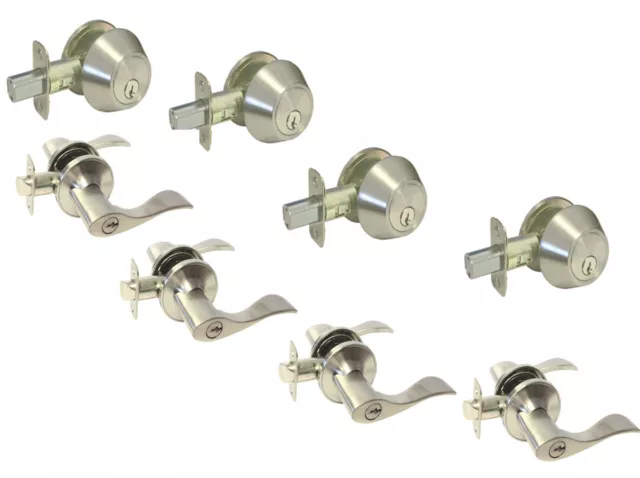 Multiple Sets of Entry Door Locks Lever Handle Satin Nickel Keyed Alike Brushed