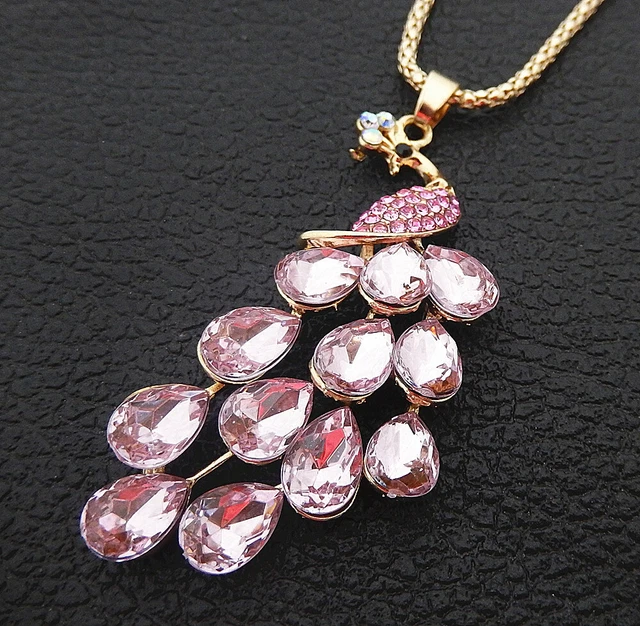 Pink Crystal Rhinestone Peacock Pendant Betsey Johnson Sweater Necklace
