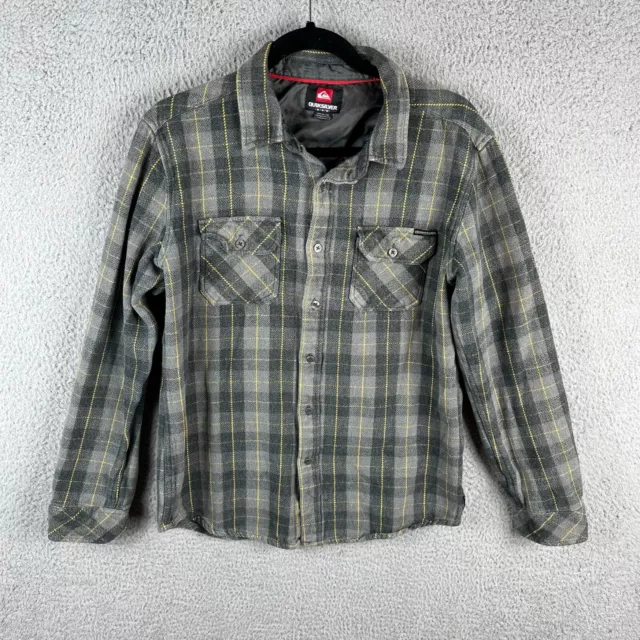 Quiksilver Shirt Mens M Gray Yellow Plaid Flannel Button Front Long Sleeve Knit