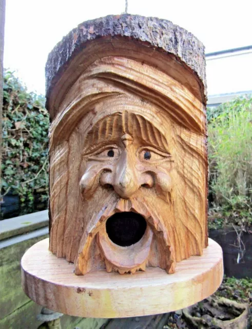 Wooden Carved Bird Box House Hand Made Nesting Nest Box Garden Log Green Man