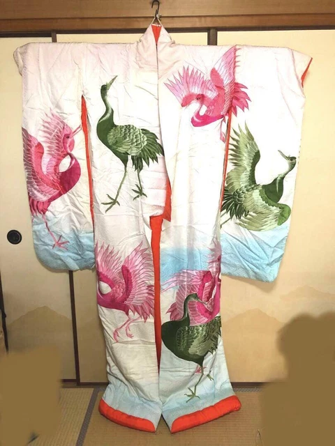 Furisode Kimono Japan Pink And Green Crane Gorgeous Embroidery Maybe Uchikake