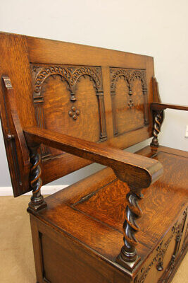 Antique Oak Monks Bench / Hall Seat / Settle 5