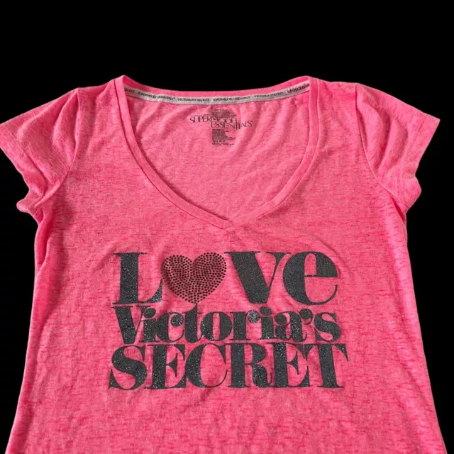 VS Love Victorias Secret Hot Pink V-Neck T-Shirt Tee Top Size S Small Supermodel