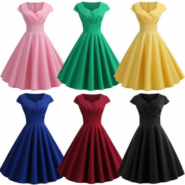 Women 50s 60s Vintage Rockabilly Swing Dress V Neck Evening Party Gown Dresses