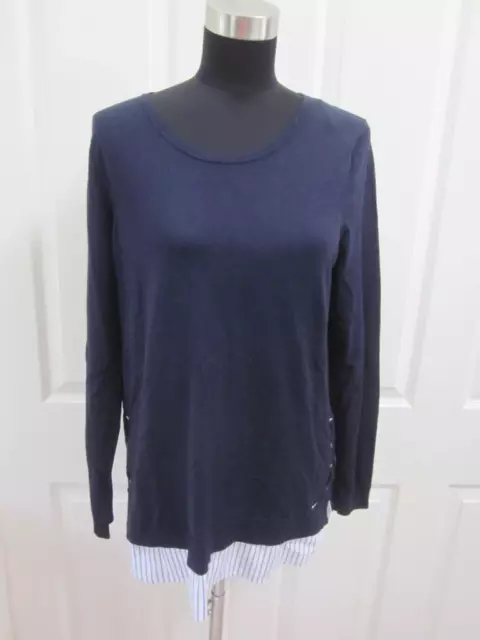 CALVIN KLEIN Blue Knit Sweater w/ White & Blue Striped Shirttail Detail Trim  M