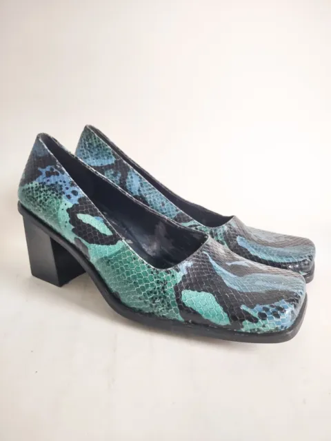 Vintage 90s Y2K Green Blue Snake Skin Leather Square Toe Chunky Block Heels 7.5