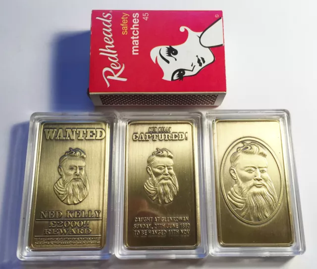 "NED KELLY" Wanted Set Of 3 x 1oz Ingots Finished in 999 24k Antique Gold