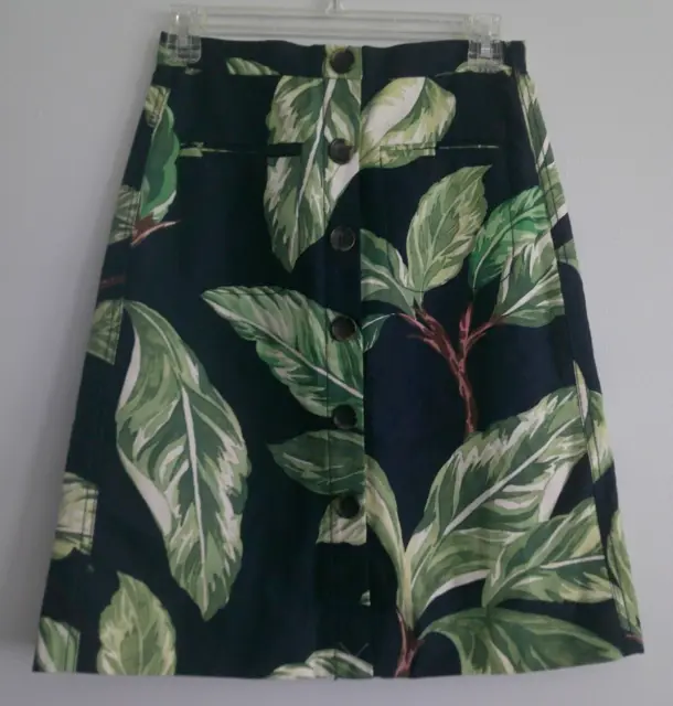 Ann Taylor Petite Navy Blue Tropical Linen Blend Button Front Skirt Size 0P
