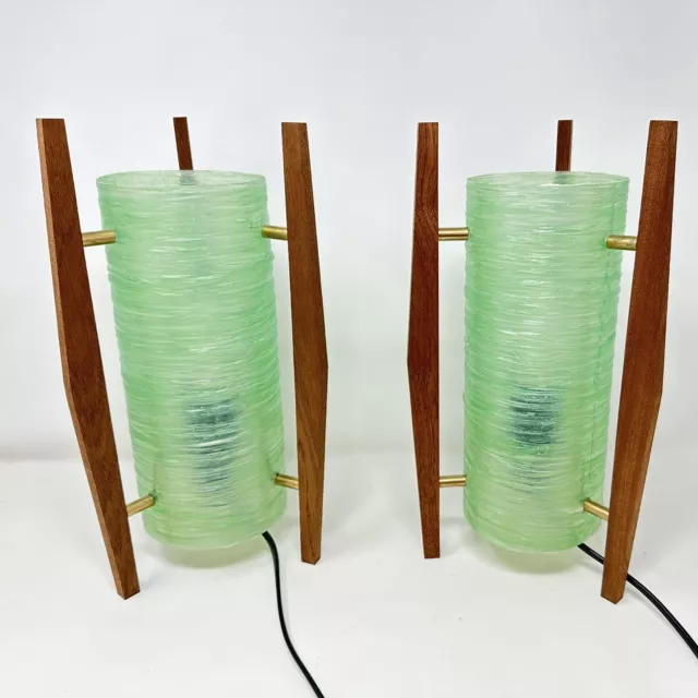 Green Pair Rocket Lamps Fiberglass Teak  New Old Stock Mid Century Atomic