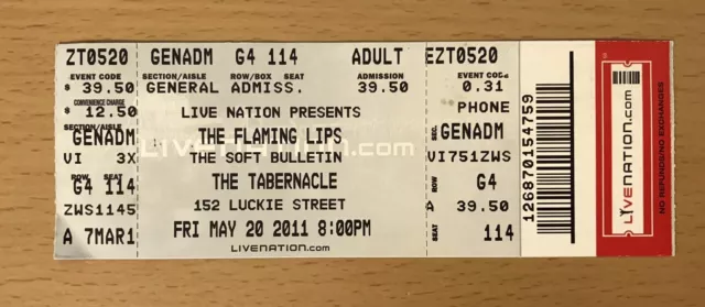 2011 The Flaming Lips Atlanta 5/20 Concert Ticket Stub Soft Bulletin Embryonic