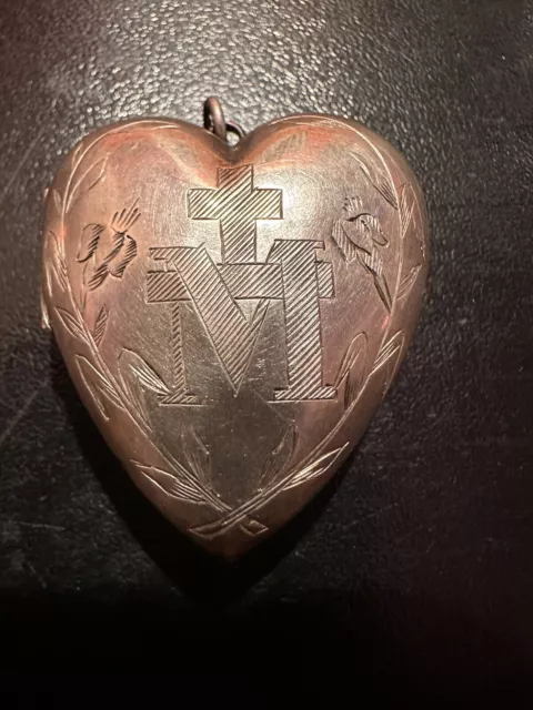 Rare Pendentif médaillon ancien reliquaire Coeur de Marie en argent Ex voto