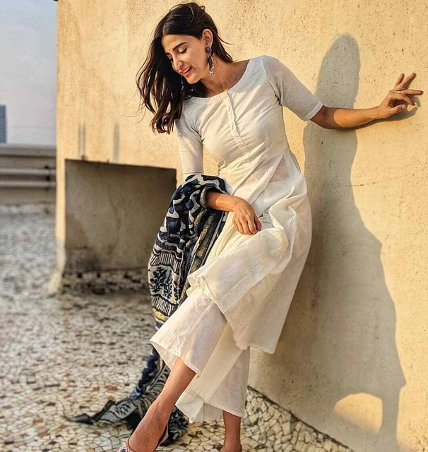 Indian Ethnic White Palazo Kurta Set Printed Dupatta Pakistani Salwar Kameez Set
