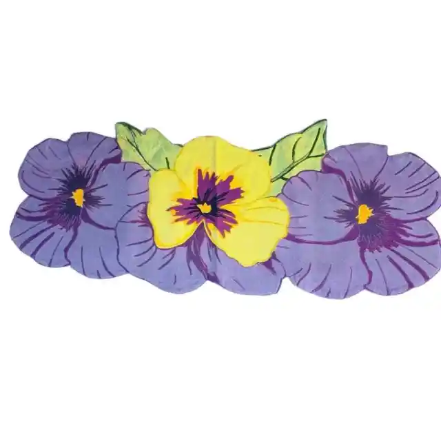 Vintage Embroidered Floral Pansy Appliqué Table Runner Lavender Spring