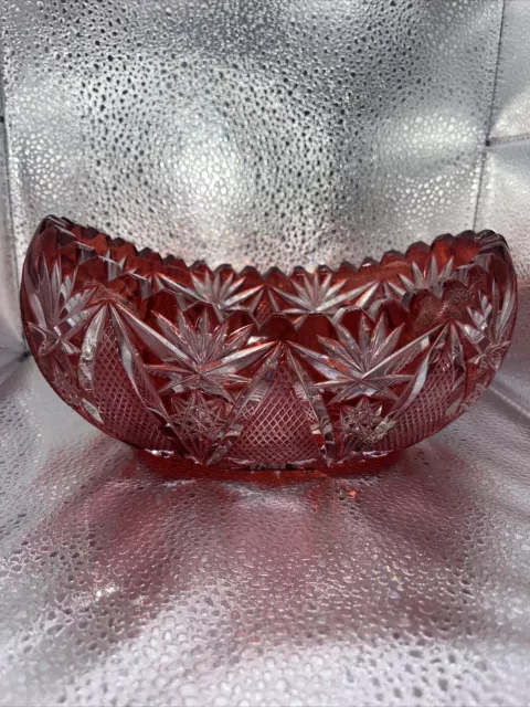 LAUSITZER CRYSTAL Red Bowl Hand Cut to Clear Overlay Germany Vintage Gorgeous LAUSITZER CRYSTAL Red Bowl Hand Cut to Clear Overlay Germany Vintage Gorgeous