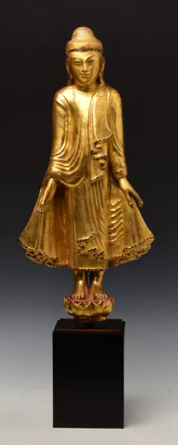 19th Century, Mandalay, Antique Burmese Wooden Standing Buddha