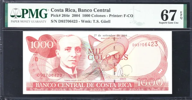 2004 Costa Rica 1000 Colones P-264e PMG 67 Superb GEM UNC Graded Banknote