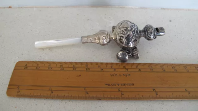 Superb Sterling Silver 925 and Mother of Pearl Handle Baby Rattle with Whistle