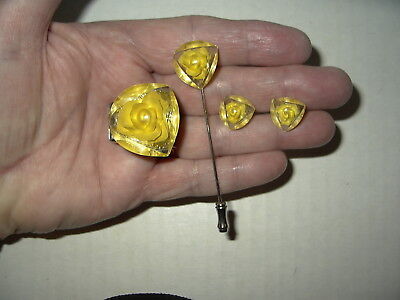 Vintage Reverse Carved Plastic Lucite Yellow Rose Buckle-Stick Pin-Earrings Set